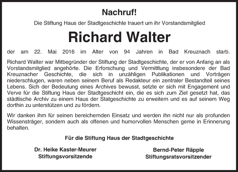  Traueranzeige für Richard Walter vom 27.05.2016 aus  Allg. Zeitung Bad Kreuznach
