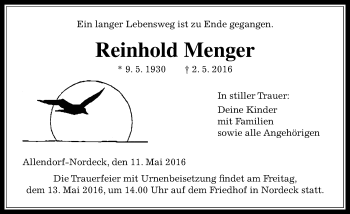 Traueranzeige von Reinhold Menger von  Gießener Anzeiger