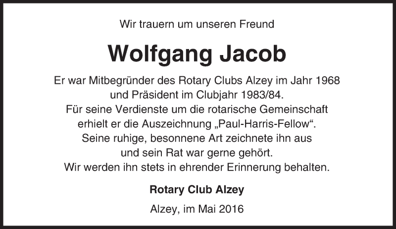  Traueranzeige für Wolfgang Jacob vom 21.05.2016 aus  Allgemeine Zeitung Alzey