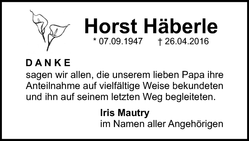  Traueranzeige für Horst Häberle vom 28.05.2016 aus  Allgemeine Zeitung Mainz