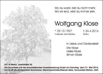 Traueranzeige von Wolfgang Klose von  Allgemeine Zeitung Mainz
