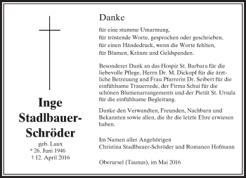 Traueranzeige von Ingeborg Stadlbauer-Schröder von  Usinger Anzeiger