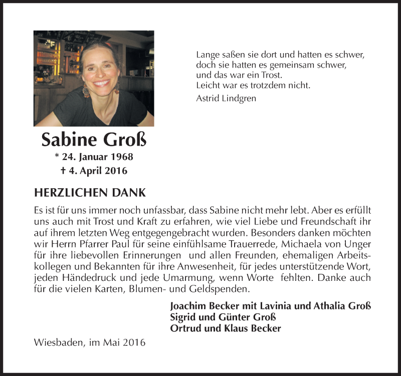  Traueranzeige für Sabine Groß vom 14.05.2016 aus  Wiesbaden komplett