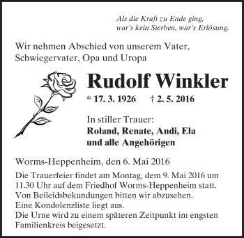 Traueranzeige von Rudolf Winkler von  Wormser Zeitung