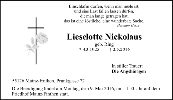 Traueranzeige von Liselotte Nickolaus von  Allgemeine Zeitung Mainz