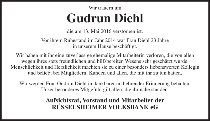  Traueranzeige für Gudrun Diehl vom 18.05.2016 aus  Mainspitze