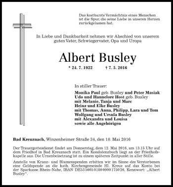Traueranzeige von Albert Busley von  Allg. Zeitung Bad Kreuznach