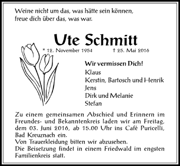 Traueranzeige von Ute Schmitt von  Allg. Zeitung Bad Kreuznach