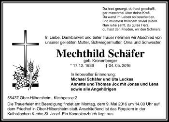 Traueranzeige von Mechthild Schaefer von  Allgemeine Zeitung Alzey
