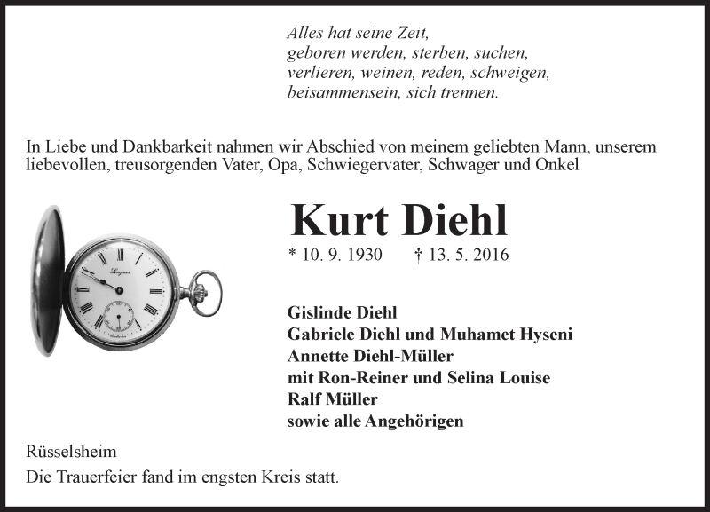  Traueranzeige für Kurt Diehl vom 21.05.2016 aus Trauerportal Echo Online