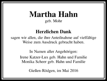 Traueranzeige von Martha Hahn von  Gießener Anzeiger