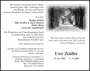 Traueranzeige von Uwe Zeidler von  Allgemeine Zeitung Mainz