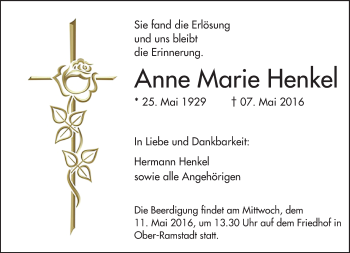 Traueranzeige von Anne Marie Henkel von Trauerportal Echo Online