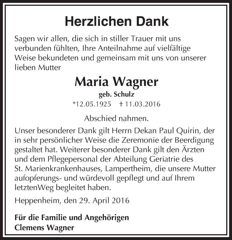  Traueranzeige für Maria Wagner vom 04.05.2016 aus Trauerportal Echo Online