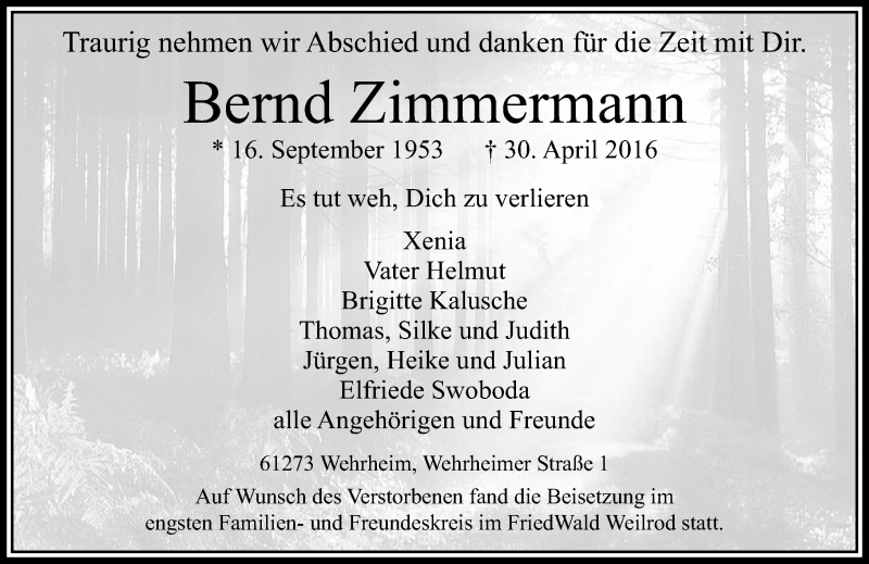  Traueranzeige für Bernd Zimmermann vom 21.05.2016 aus  Usinger Anzeiger