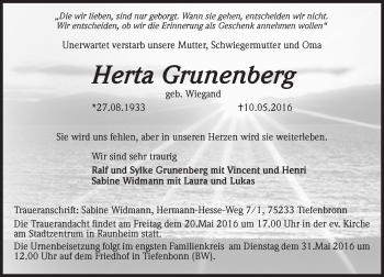 Traueranzeige von Herta Grunenberg von  Mainspitze