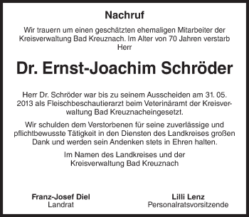 Traueranzeige von Ernst-Joachim Schröder von  Allg. Zeitung Bad Kreuznach