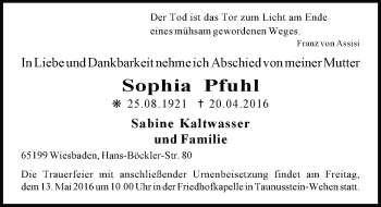 Traueranzeige von Sophia Pfuhl von  Wiesbaden komplett