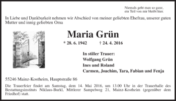 Traueranzeige von Maria Grün von  Allgemeine Zeitung Mainz