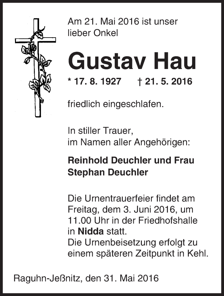  Traueranzeige für Gustav Hau vom 31.05.2016 aus  Kreisanzeiger