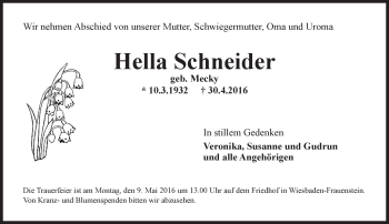Traueranzeige von Hella Schneider von  Wiesbaden komplett