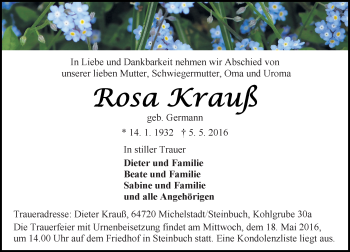 Traueranzeige von Rosa Krauß von Trauerportal Echo Online