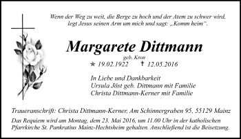 Traueranzeige von Margarete Dittmann von  Allgemeine Zeitung Mainz