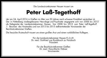 Traueranzeige von Peter Laß-Tegethoff von  Gießener Anzeiger