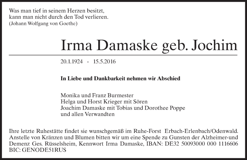  Traueranzeige für Irma Damaske vom 28.05.2016 aus Trauerportal Echo Online