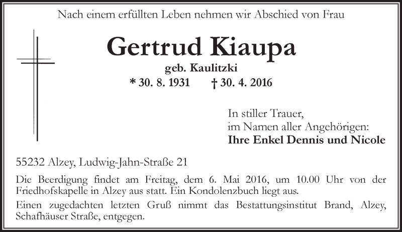  Traueranzeige für Gertrud Kiaupa vom 03.05.2016 aus  Allgemeine Zeitung Alzey
