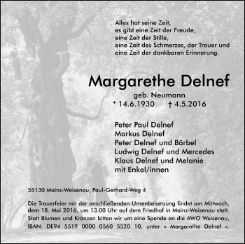 Traueranzeige von Margarethe Delnef von  Allgemeine Zeitung Mainz