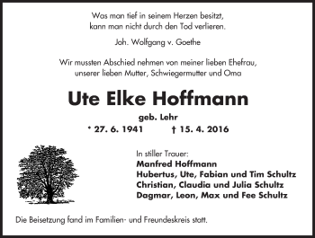 Traueranzeige von Ute Elke Hoffmann von  Kreisanzeiger