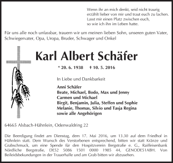 Traueranzeige von Karl Albert Schäfer von Trauerportal Echo Online