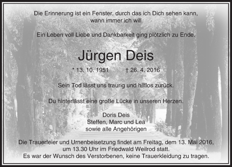  Traueranzeige für Jürgen Deis vom 07.05.2016 aus  Usinger Anzeiger