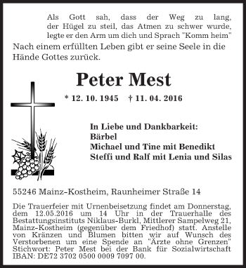 Traueranzeige von Peter Mest von  Allgemeine Zeitung Mainz
