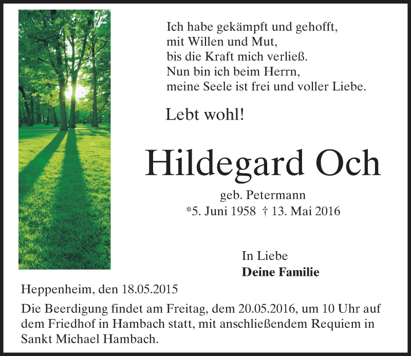  Traueranzeige für Hildegard Och vom 18.05.2016 aus Trauerportal Echo Online