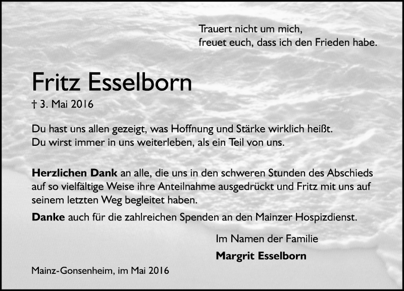  Traueranzeige für Fritz Esselborn vom 21.05.2016 aus  Allgemeine Zeitung Mainz
