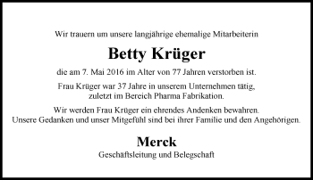 Traueranzeige von Betty Krüger von Trauerportal Echo Online
