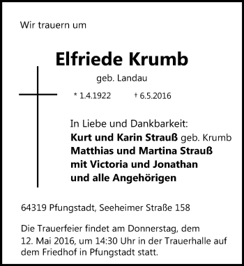 Traueranzeige von Elfriede Krumb von Trauerportal Echo Online