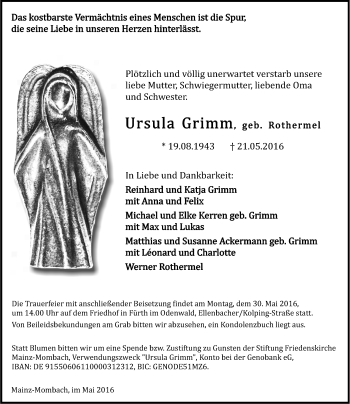 Traueranzeige von Ursula Grimm von  Allgemeine Zeitung Mainz