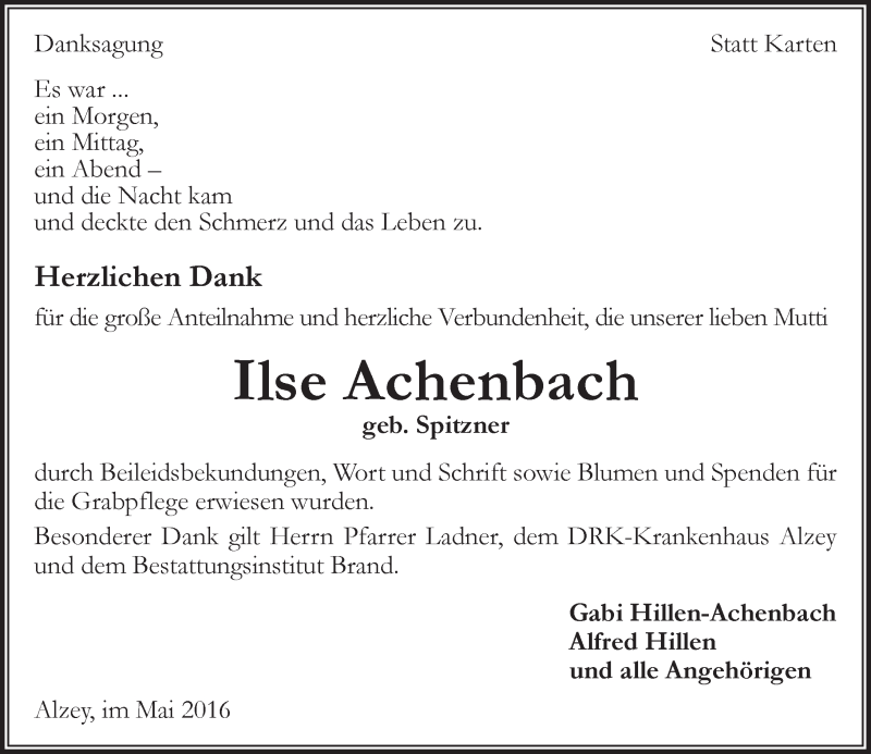  Traueranzeige für Ilse Achenbach vom 28.05.2016 aus  Allgemeine Zeitung Alzey