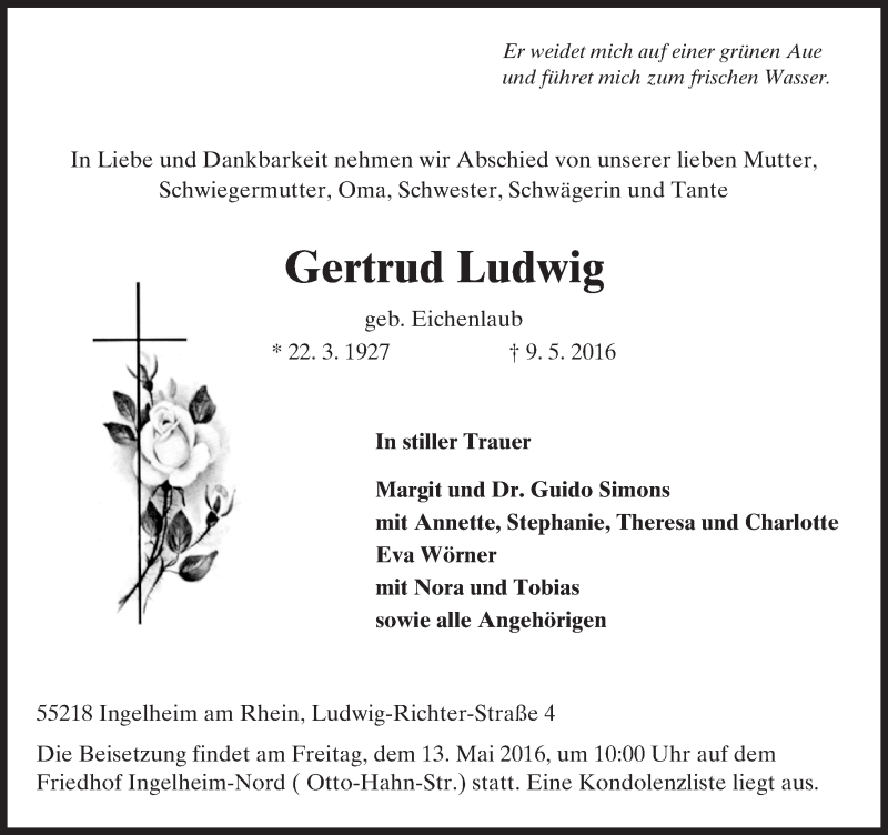  Traueranzeige für Gertrud Ludwig vom 11.05.2016 aus  Allgemeine  Zeitung Ingelheim-Bingen