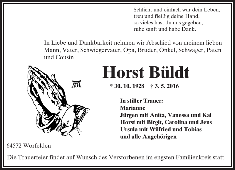 Traueranzeige für Horst Büldt vom 06.05.2016 aus Trauerportal Echo Online