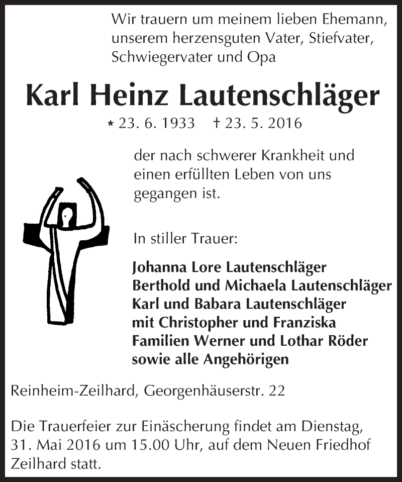  Traueranzeige für Karl Heinz Lautenschläger vom 28.05.2016 aus Trauerportal Echo Online
