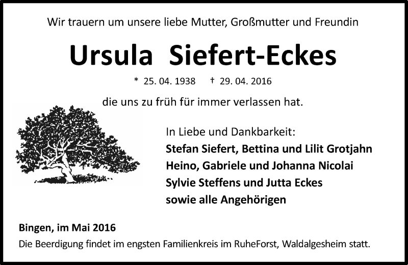  Traueranzeige für Ursula Siefert-Eckes vom 07.05.2016 aus  Allg. Zeitung Bad Kreuznach