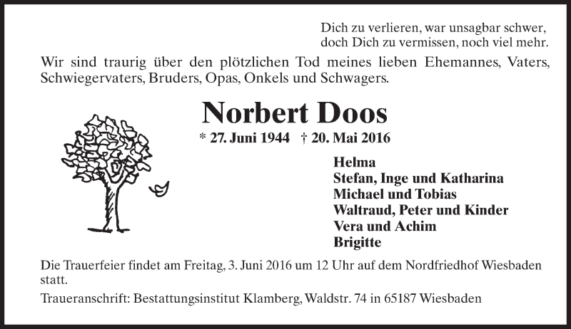  Traueranzeige für Norbert Doos vom 28.05.2016 aus  Wiesbaden komplett
