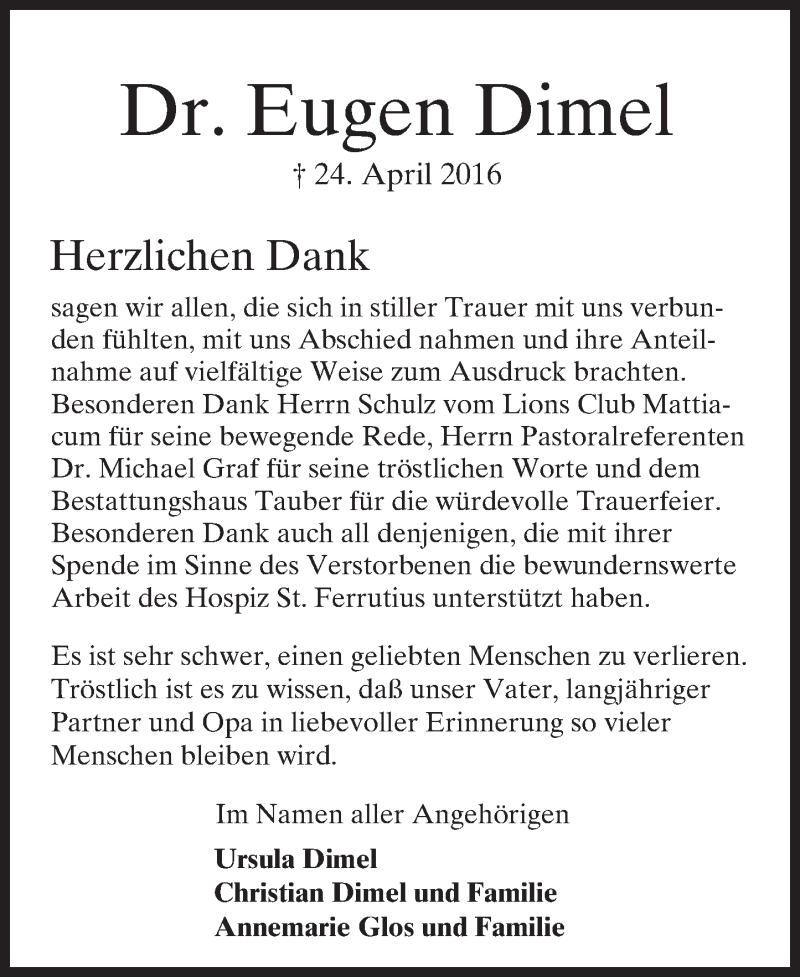  Traueranzeige für Eugen Dimel vom 28.05.2016 aus  Wiesbaden komplett