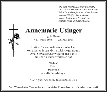Traueranzeige von Annemarie Usinger von  Usinger Anzeiger