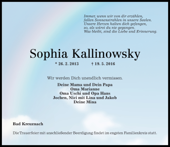 Traueranzeige von Sophia Kallinowsky von  Allg. Zeitung Bad Kreuznach