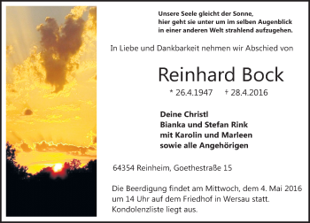 Traueranzeige von Reinhard Bock von Trauerportal Echo Online